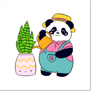 Cute panda bear watering a plant Posters and Art